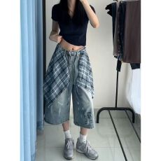 批发大码胖mm格子屁帘涂鸦牛仔短裤女夏季复古<b class='q'>时尚</b>遮肉潮流显瘦七分裤
