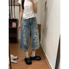 批发甜酷复古水洗破洞七分牛仔裤女夏季2026新款宽松阔腿7分中裤短裤