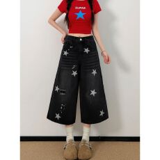 批发大码胖mm爆款星星印花七分牛仔裤女夏季梨形身材宽松显瘦阔腿中裤