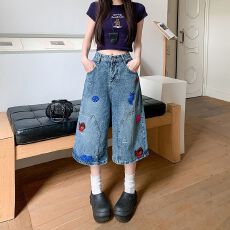 批发大码刺绣水洗美式牛仔七分裤女夏季新款复古设计感宽松阔腿中裤子