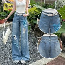 破洞彩绘阔腿牛仔裤女夏季2026新款宽松显瘦百搭辣妹时髦直筒裤子