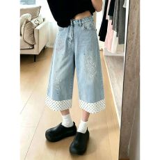 批发个性小众高级感炸街潮流波点<b class='q'>牛仔裤</b>女夏季撞色拼接百搭阔脚七分裤