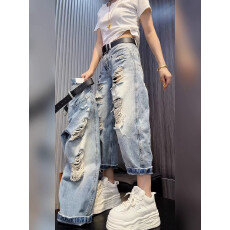 批发时尚个性破洞新款<b class='q'>大码</b>牛仔裤女小个子穿搭宽松洋气哈伦老爹乞丐裤