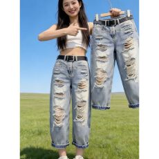 批发夏季新款时尚个性破洞<b class='q'>大码</b>牛仔裤女设计感穿搭宽松洋气哈伦乞丐裤