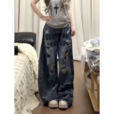 批发美式复古水洗印花破洞牛仔<b class='q'>裤</b>女夏季设计高街宽松显瘦阔腿拖地长<b class='q'>裤</b>