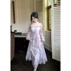 批发 气质仙女紫晕染仙气蝴蝶烫金荷叶边长袖连衣裙2026新款小众长裙