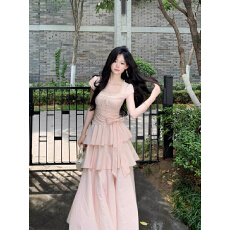 批发法式方领层次感公主蛋糕裙气质收腰捏褶连衣裙