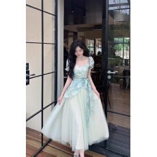 批发茶歇法式甜美清新多巴胺高级感晕染印花拼接网纱收腰假两件连衣裙