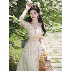 批发法式碎花高腰打揽连衣裙气质收腰甜美风初恋碎花小清新超仙女长裙