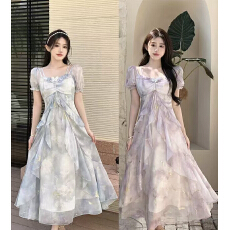 批发大码法式绝美荷叶边方领连衣裙女夏季胖mm氛围感露肩显瘦遮肚裙子