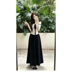 批发原版做法韩系撞色甜美风套装女<b class='q'>夏</b>季一字领系带上衣垂感长裙两件套