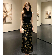 批发时尚气质套装黑色无袖<b class='q'>背心</b>女夏季高腰碎花包臀裙半身裙<b class='q'>长裙</b>两件套