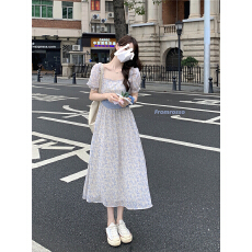 批发温柔风碎花<b class='q'>泡泡袖</b><b class='q'>连衣裙</b>女夏季2025新款收腰显瘦系带气质短袖裙子