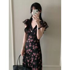 批发法式时尚洋气v领优雅气质长裙女夏季新款小飞袖<b class='q'>蕾丝</b>边显瘦<b class='q'>连衣裙</b>