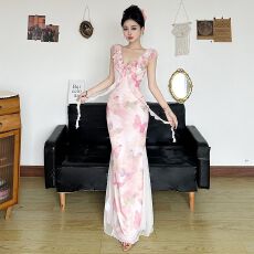 批发甜辣妹性感一字肩印花网纱<b class='q'>包臀</b>抹胸<b class='q'>长裙女</b>夏季绝美海边度假连衣裙