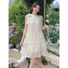 批发蝴蝶结系带亮片挂脖连衣裙女夏气质高级感公主娃娃裙无袖生日短裙