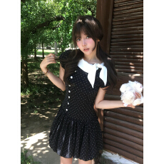 批发千金风蝴蝶结波点<b class='q'>连衣裙</b>女夏季复古小个子收腰显瘦气质蓬蓬短裙