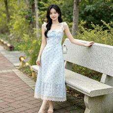 批发蓝色蕾丝吊带碎花连衣裙子女夏季2026新款高级感气质海边度假长裙