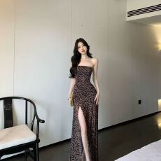 批发<b class='q'>欧美</b>性感辣妹抹胸豹纹夏季印花拼接开叉收腰紧身包臂裙