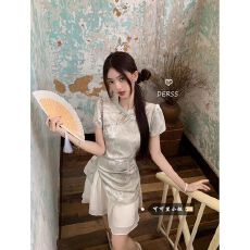 批发新中式国风短袖<b class='q'>连衣裙</b>女夏季新款假两件不规则拼接清冷感改良<b class='q'>旗袍</b>