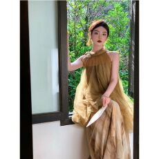 批发雪纺+内里 新中式挂脖<b class='q'>连衣裙</b>女无袖改良禅意晨袍仙女网纱扎染<b class='q'>抹胸</b>
