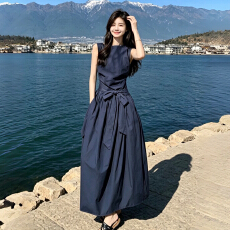 批发藏青色设计感系带无袖连衣裙女夏季新款韩系气质收腰显瘦<b class='q'>背心</b><b class='q'>长裙</b>