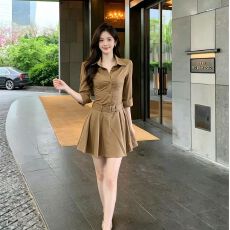 卡其色衬衫连衣裙修身收腰配腰带百褶短裙气质御姐职约会显瘦短裙