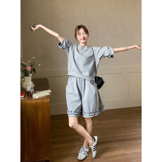 批发灰色慵懒风休闲运动<b class='q'>套装</b><b class='q'>女</b>2026夏季韩系蝴蝶结短袖<b class='q'>卫衣</b>短裤两件套