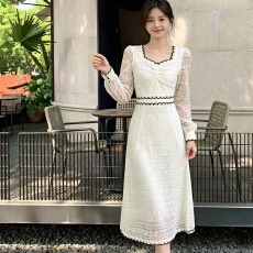 批发法式撞色黑边蕾丝连衣裙女V收腰<b class='q'>长袖</b>修身显瘦裙温柔气质约会仙女