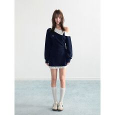 批发原版做法+安全裤白色波点斜肩露肩套装<b class='q'>长袖</b>T恤女上衣半身裙两件套