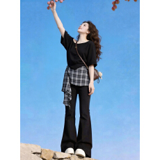 批发法式复古格纹不规则斜肩短袖女<b class='q'>夏季</b>新款高腰假两件微喇<b class='q'>裤</b>