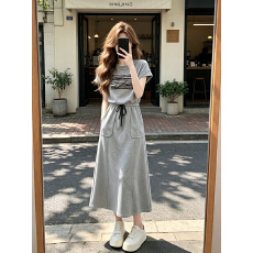 批发休闲运动套装女夏2026新款圆领灰色短袖<b class='q'>上衣</b>半身裙两件套