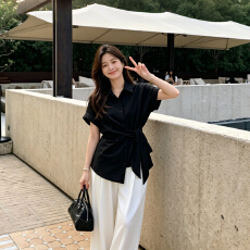 批发套穿搭女2026新款设计感收腰绑带衬衫显瘦休闲裤两件套上衣女<b class='q'>夏</b>季