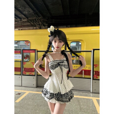 批发可爱甜美少女感巨好看套装夏日蕾丝蝴蝶结格子吊带<b class='q'>上衣</b>短裙两件套