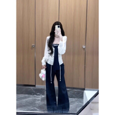 批发条纹拼接蝴蝶结衬衫长裤套装女春<b class='q'>秋</b>新款设计感长袖收腰显瘦