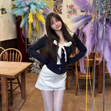 批发纯欲风娃娃领绑带t恤套装女<b class='q'>秋</b>冬高腰波点包臀半身裙修身长袖上衣