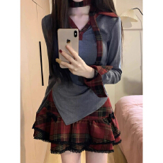 批发早春穿搭美式甜辣格子连衣裙女早<b class='q'>秋</b>2026新款百褶蓬蓬公主短裙套装