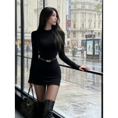 批发黑色半高领针织<b class='q'>连衣裙</b>女长袖2026年秋冬季新款显瘦内搭打底包臀裙