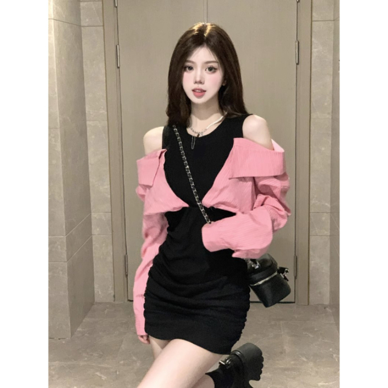 RY8009# 2026早秋辣妹气质洋气连衣裙女大码显瘦时尚假两件衬衫露肩裙子
