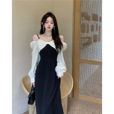 批发2026大码秋装气质<b class='q'>露肩</b><b class='q'>连衣裙</b>女新款胖妹妹遮肚显瘦法式赫本风裙子