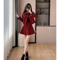 批发<b class='q'>秋</b>冬法式名媛红色小香风连衣裙女本命年衣服新年战袍百褶裙两件套