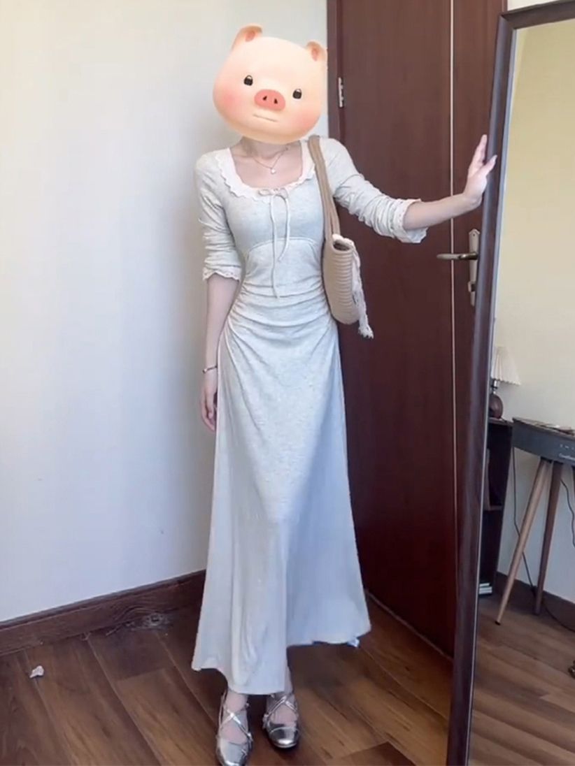 RY8007# 法式温柔气质灰色长袖连衣裙女装春秋季新款纯欲风收腰显瘦长裙子