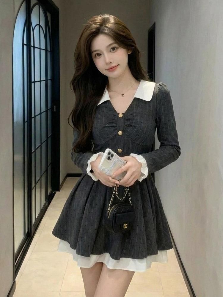 御姐感韩系气质连衣裙女秋冬新款修身显瘦小个子假两件短裙女 服裝批發女裝批發服飾貨源