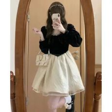 批发法式黑色长袖连衣裙女秋冬小个子感富家千金公主蓬蓬<b class='q'>礼服</b>短裙