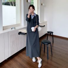 批发深灰色学院风<b class='q'>拼接</b>翻领<b class='q'>连衣裙</b>女2026秋季新款时尚高级感穿搭两件套