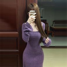 批发2026新款御姐风高级感紫色针织<b class='q'>连衣</b>裙子女秋冬季修身内搭包臀长裙