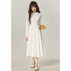 批发学院风白色春秋长袖<b class='q'>连衣裙</b>女2026新款收腰气质通勤温柔中长款裙子