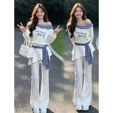 批发仿棉曼巴棉280克时尚套女<b class='q'>春</b>秋季露肩字母卫衣屁帘微喇叭裤两件套