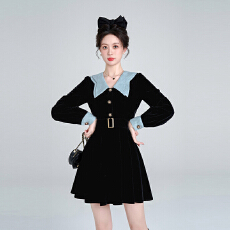 批发法式娃娃领黑色丝绒连衣裙女爆款<b class='q'>冬</b>季赫本千金风气质生日裙小礼裙