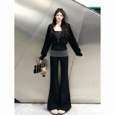 批发三件套女2026<b class='q'>春</b>季新款慵懒风长袖卫衣外套条纹抹胸高腰显瘦微喇裤
